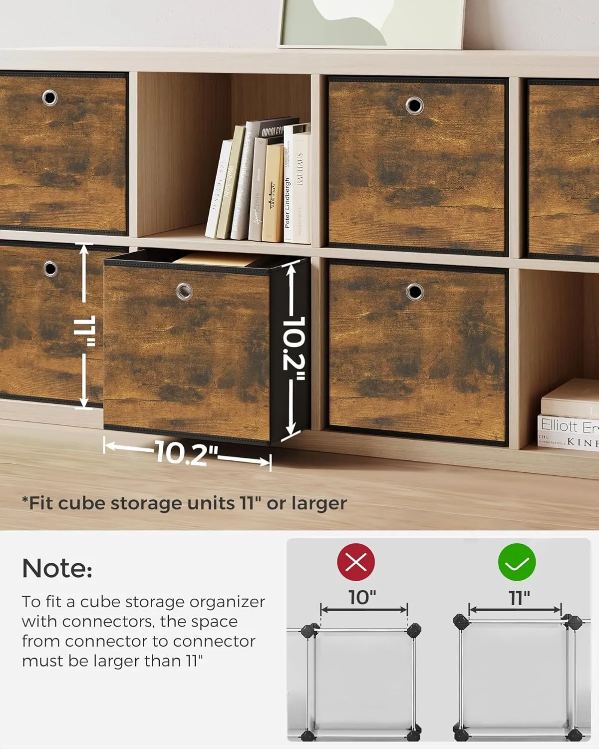 SONGMICS Storage Cubes, Set of 6 Storage Bins with Handles, Foldable Oxford Fabric and Non-Woven Fabric Storage Boxes, 10.2x10.2x11 Inches, Fit Cube Storage Unit, Rustic Brown URFB126B01