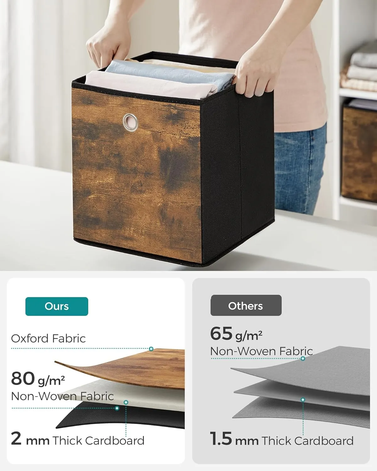 SONGMICS Storage Cubes, Set of 6 Storage Bins with Handles, Foldable Oxford Fabric and Non-Woven Fabric Storage Boxes, 10.2x10.2x11 Inches, Fit Cube Storage Unit, Rustic Brown URFB126B01