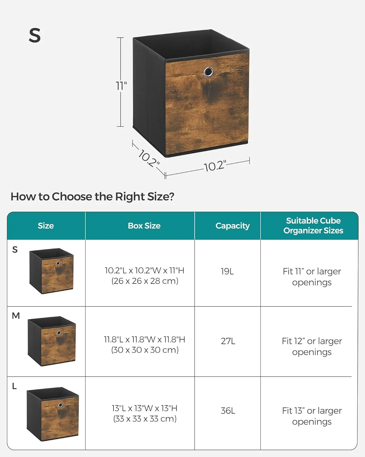SONGMICS Storage Cubes, Set of 6 Storage Bins with Handles, Foldable Oxford Fabric and Non-Woven Fabric Storage Boxes, 10.2x10.2x11 Inches, Fit Cube Storage Unit, Rustic Brown URFB126B01