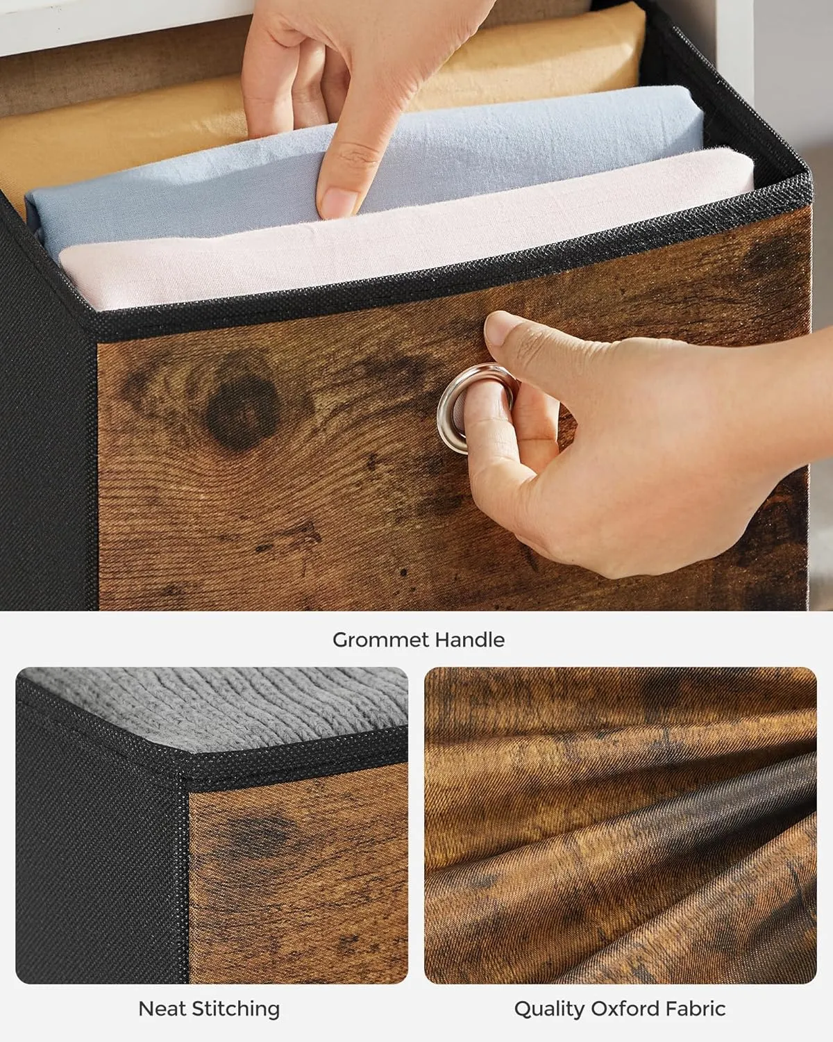 SONGMICS Storage Cubes, Set of 6 Storage Bins with Handles, Foldable Oxford Fabric and Non-Woven Fabric Storage Boxes, 10.2x10.2x11 Inches, Fit Cube Storage Unit, Rustic Brown URFB126B01