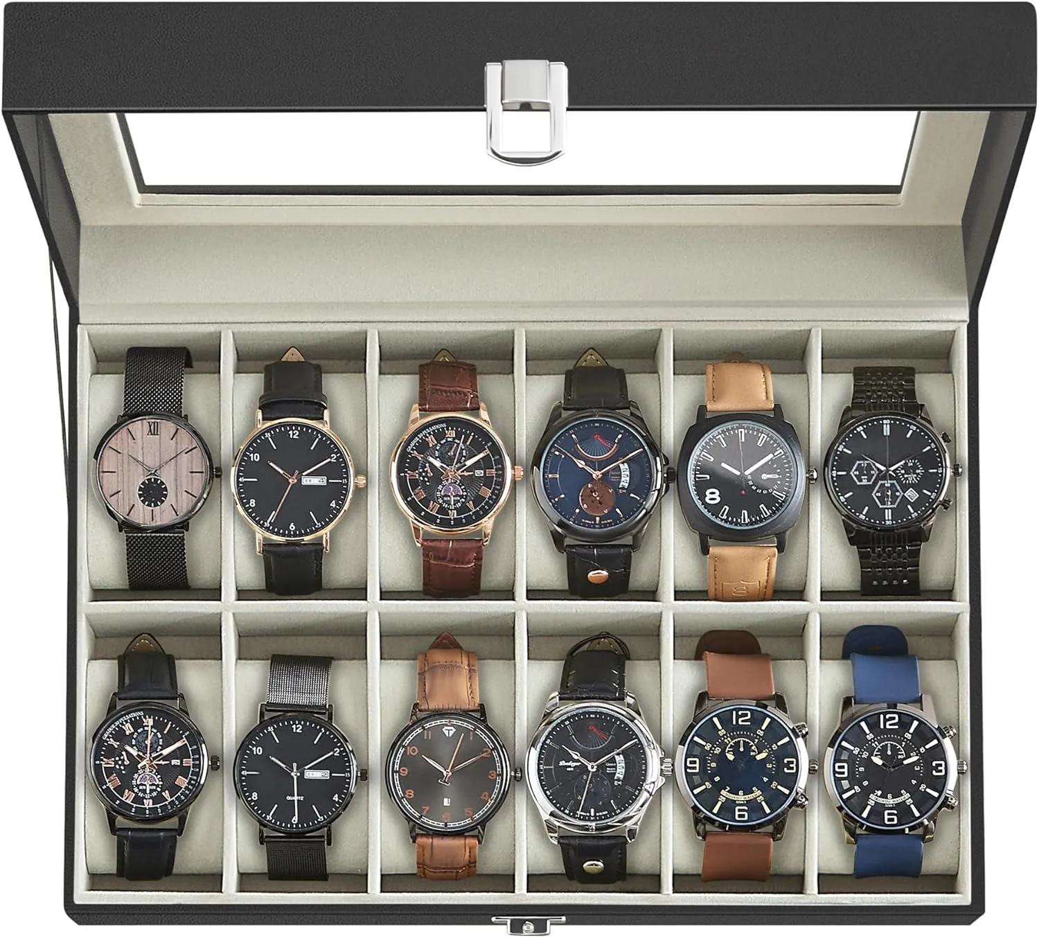 SONGMICS Watch Box, 12-Slot Watch Case with Large Glass Lid, Removable Watch Pillows, Watch Box Organizer, Gift for Loved Ones, Black Synthetic Leather, Greenish Beige Lining UJWB12BE