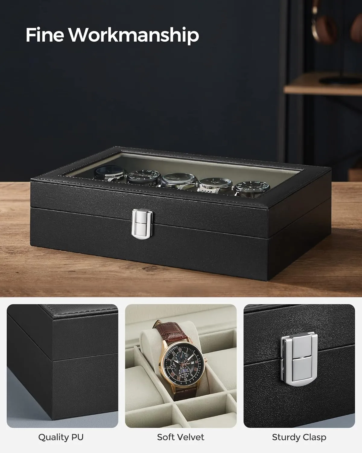 SONGMICS Watch Box, 12-Slot Watch Case with Large Glass Lid, Removable Watch Pillows, Watch Box Organizer, Gift for Loved Ones, Black Synthetic Leather, Greenish Beige Lining UJWB12BE