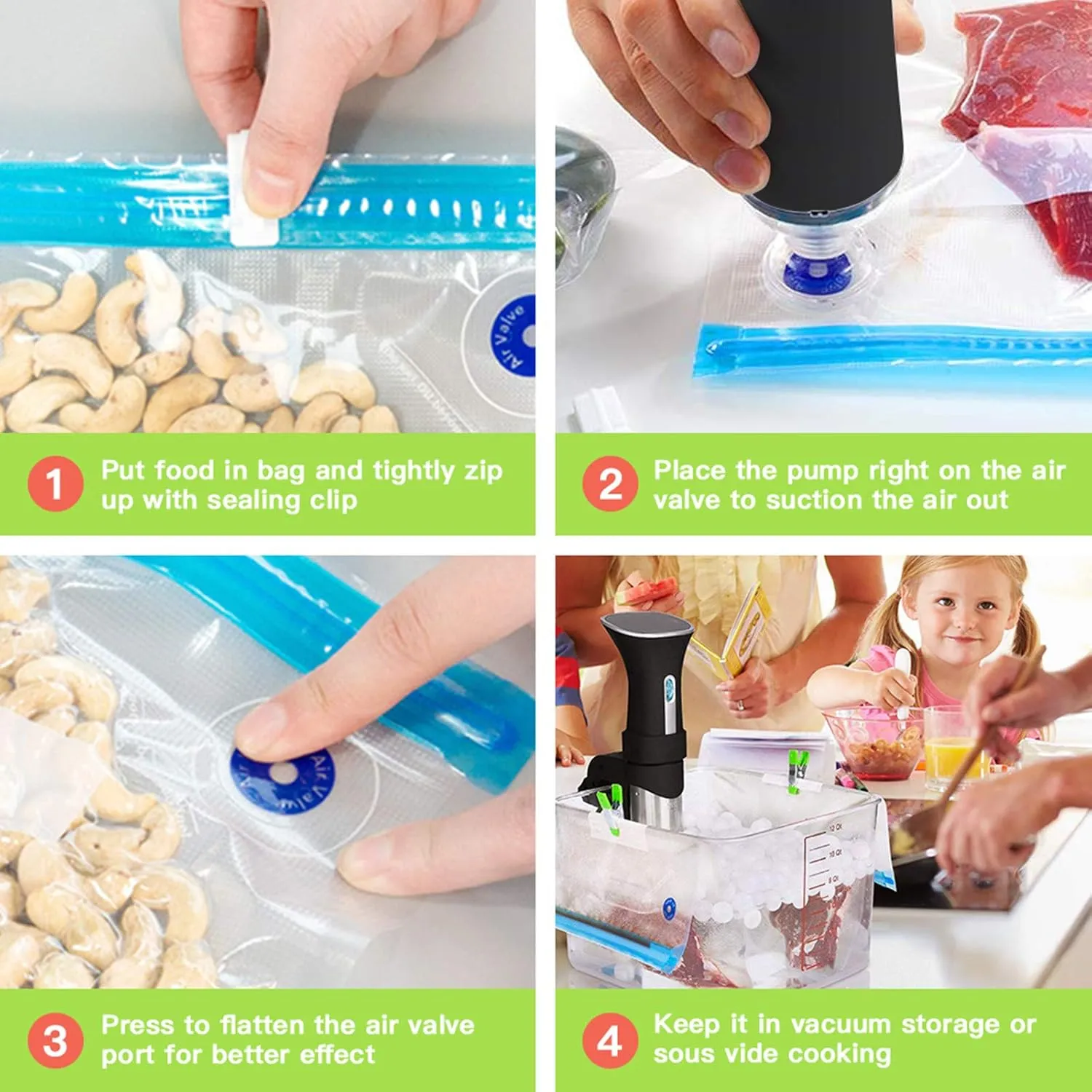 Sous Vide Bags Kit for Anova and Joule Cookers – 40 PCS Reusable Vacuum Food Storage Bags with Electric Pump, 2 Sealing Clips and 6 Sous Vide Clips – Ideal for Sous Vide Cooking and Food Freezer.