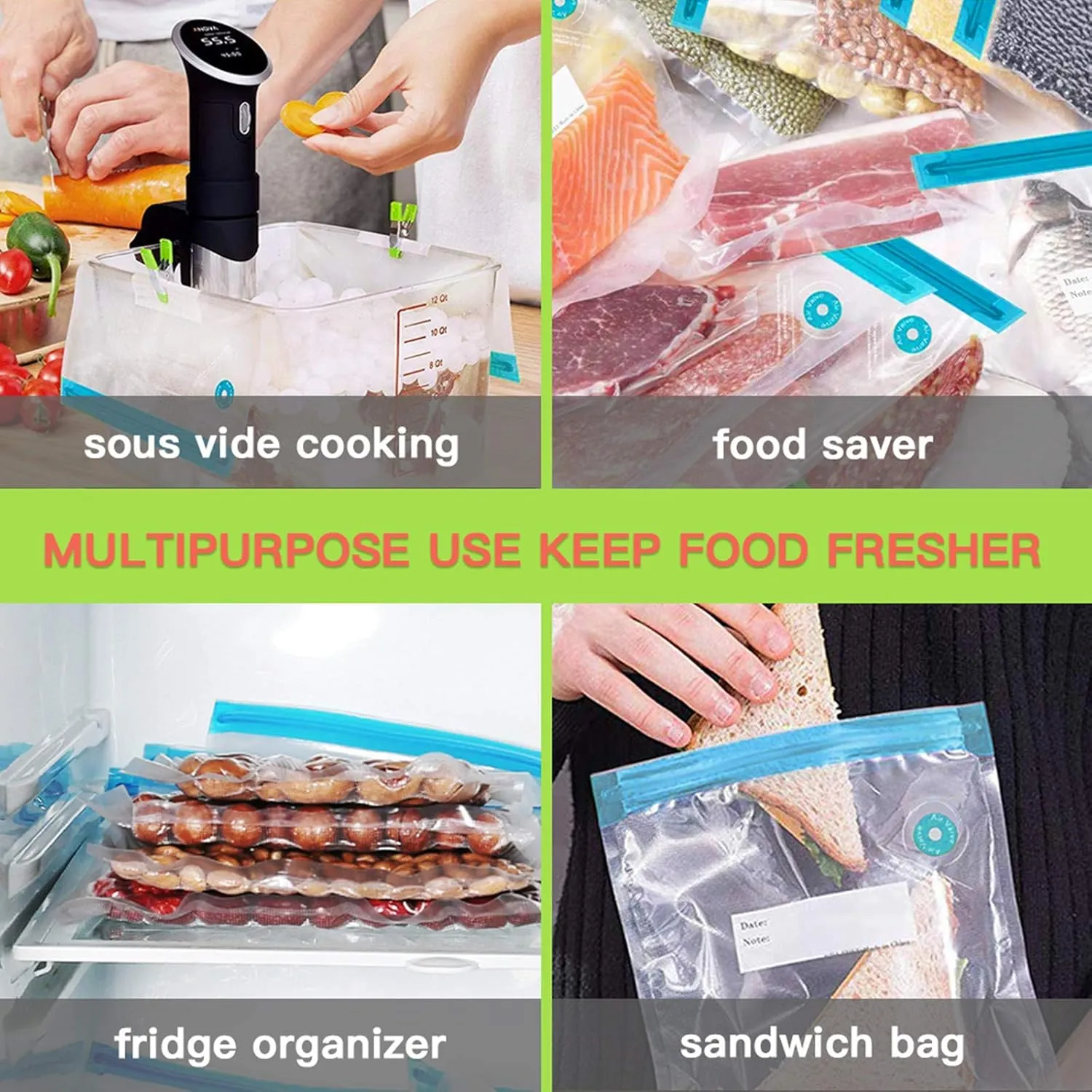 Sous Vide Bags Kit for Anova and Joule Cookers – 40 PCS Reusable Vacuum Food Storage Bags with Electric Pump, 2 Sealing Clips and 6 Sous Vide Clips – Ideal for Sous Vide Cooking and Food Freezer.