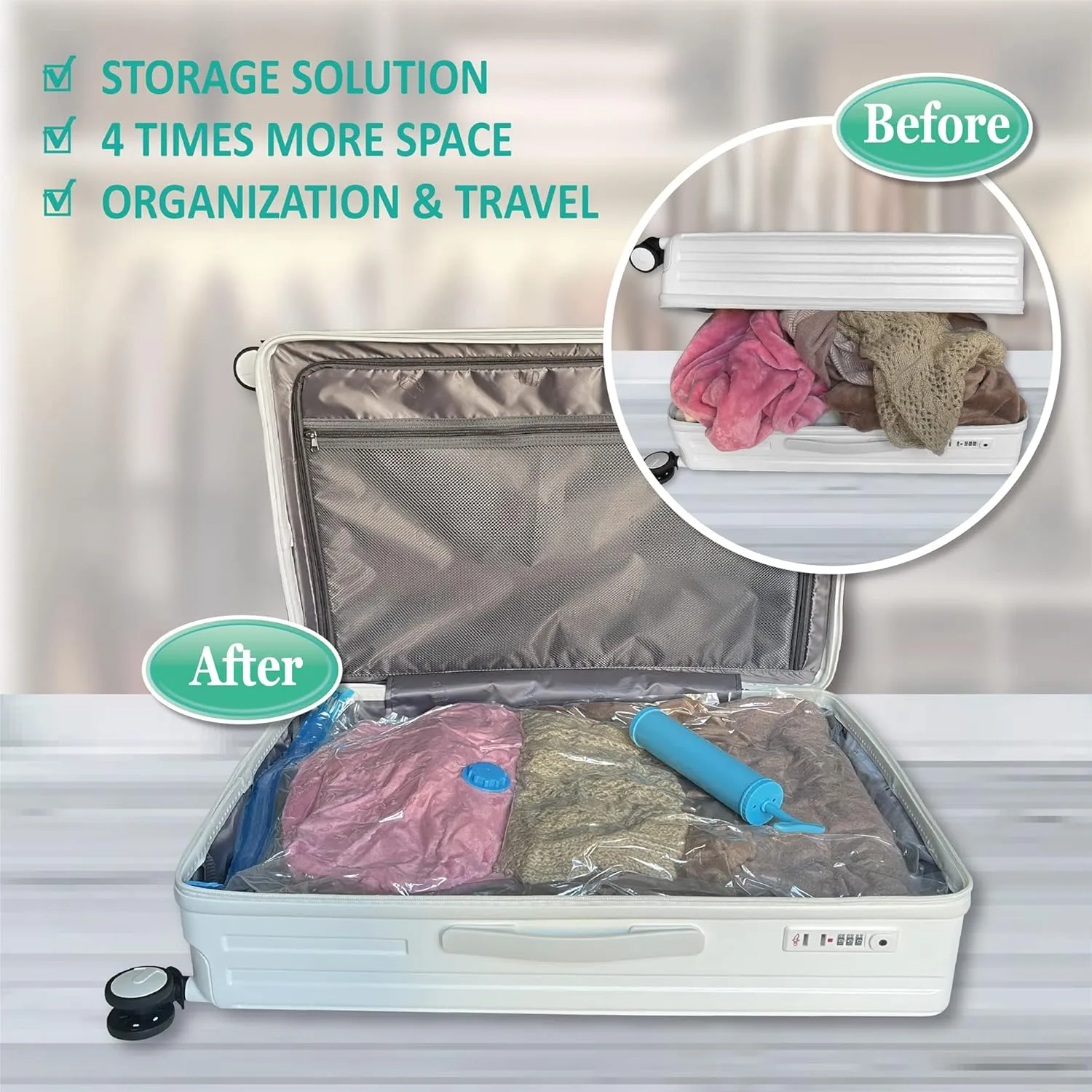 Space Saver Vacuum Storage Bags, 6 Pack Space Saver Bags with Pump, Storage Vacuum Sealed Bags for Clothes, Comforters, Blankets, Bedding (6 Small)