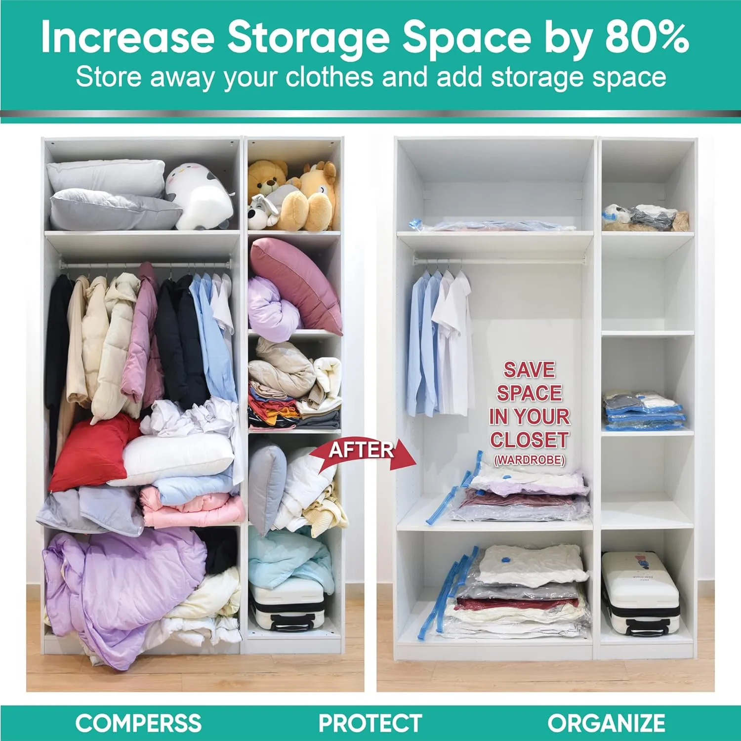 Space Saver Vacuum Storage Bags, 6 Pack Space Saver Bags with Pump, Storage Vacuum Sealed Bags for Clothes, Comforters, Blankets, Bedding (6 Small)
