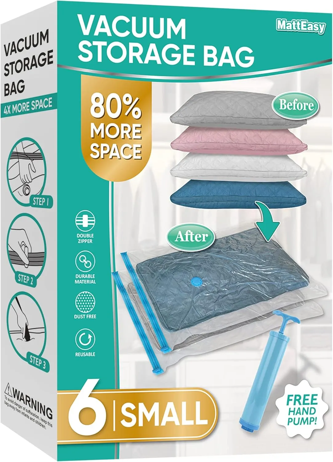 Space Saver Vacuum Storage Bags, 6 Pack Space Saver Bags with Pump, Storage Vacuum Sealed Bags for Clothes, Comforters, Blankets, Bedding (6 Small)