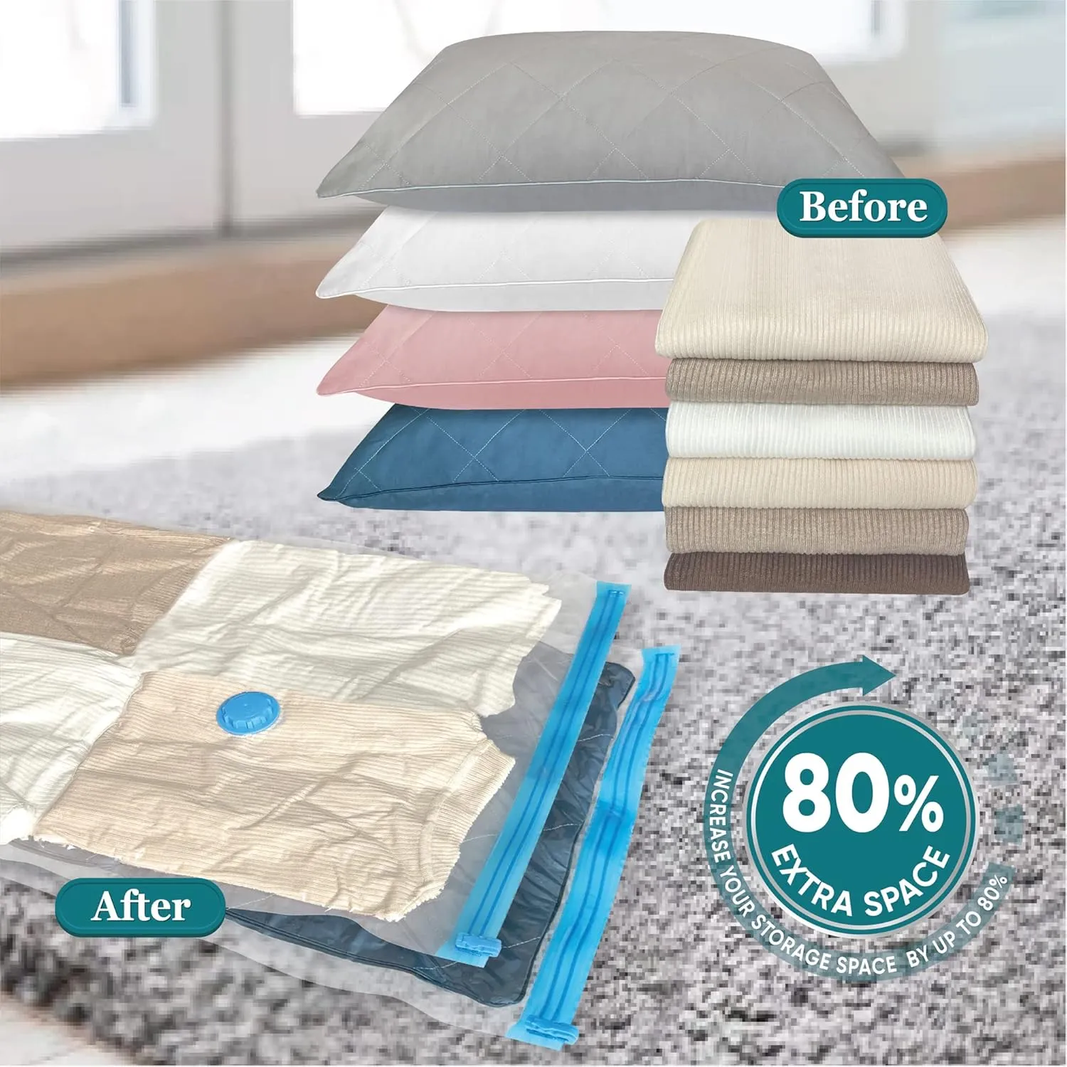 Space Saver Vacuum Storage Bags, 8 Large Vacuum Sealer Bags with Pump, Storage Vacuum Sealed Bags for Clothing, Comforters, Blanket Storage, Bedding