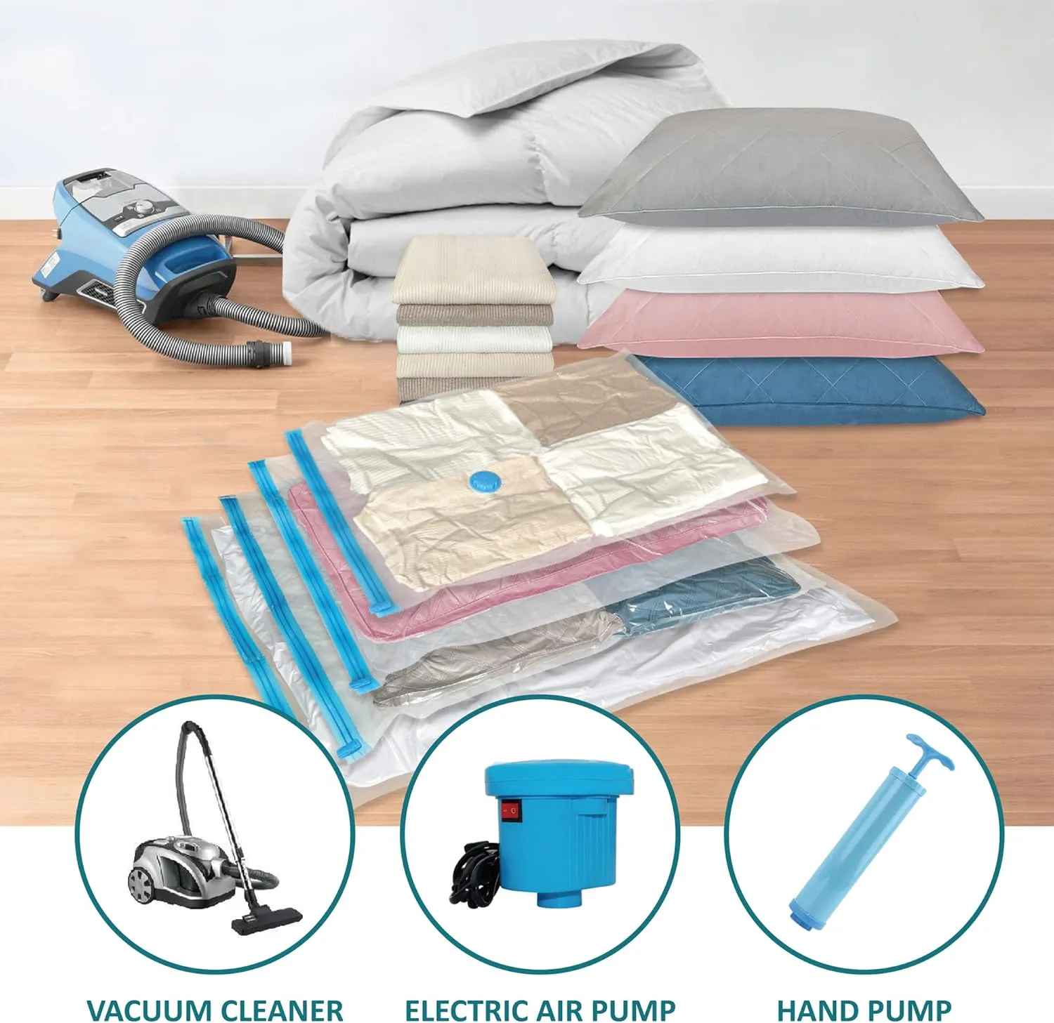 Space Saver Vacuum Storage Bags, 8 Large Vacuum Sealer Bags with Pump, Storage Vacuum Sealed Bags for Clothing, Comforters, Blanket Storage, Bedding