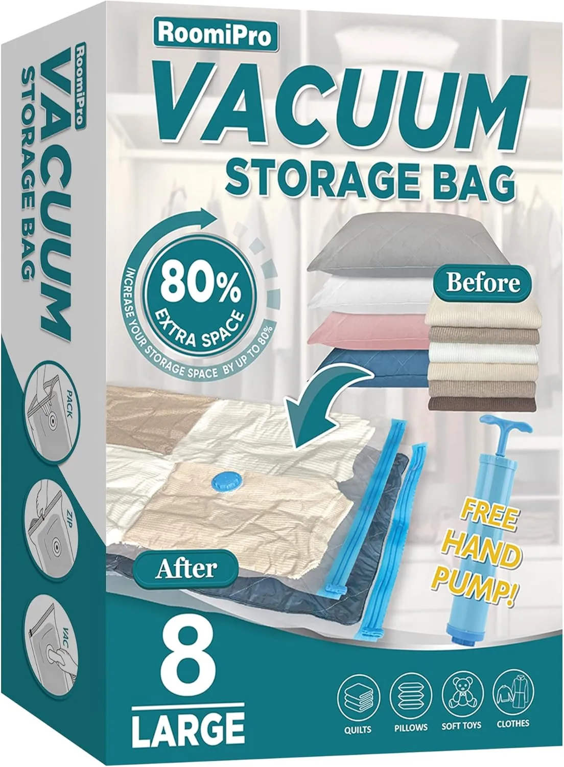Space Saver Vacuum Storage Bags, 8 Large Vacuum Sealer Bags with Pump, Storage Vacuum Sealed Bags for Clothing, Comforters, Blanket Storage, Bedding