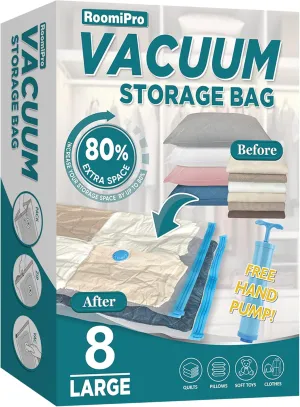 Space Saver Vacuum Storage Bags, 8 Large Vacuum Sealer Bags with Pump, Storage Vacuum Sealed Bags for Clothing, Comforters, Blanket Storage, Bedding