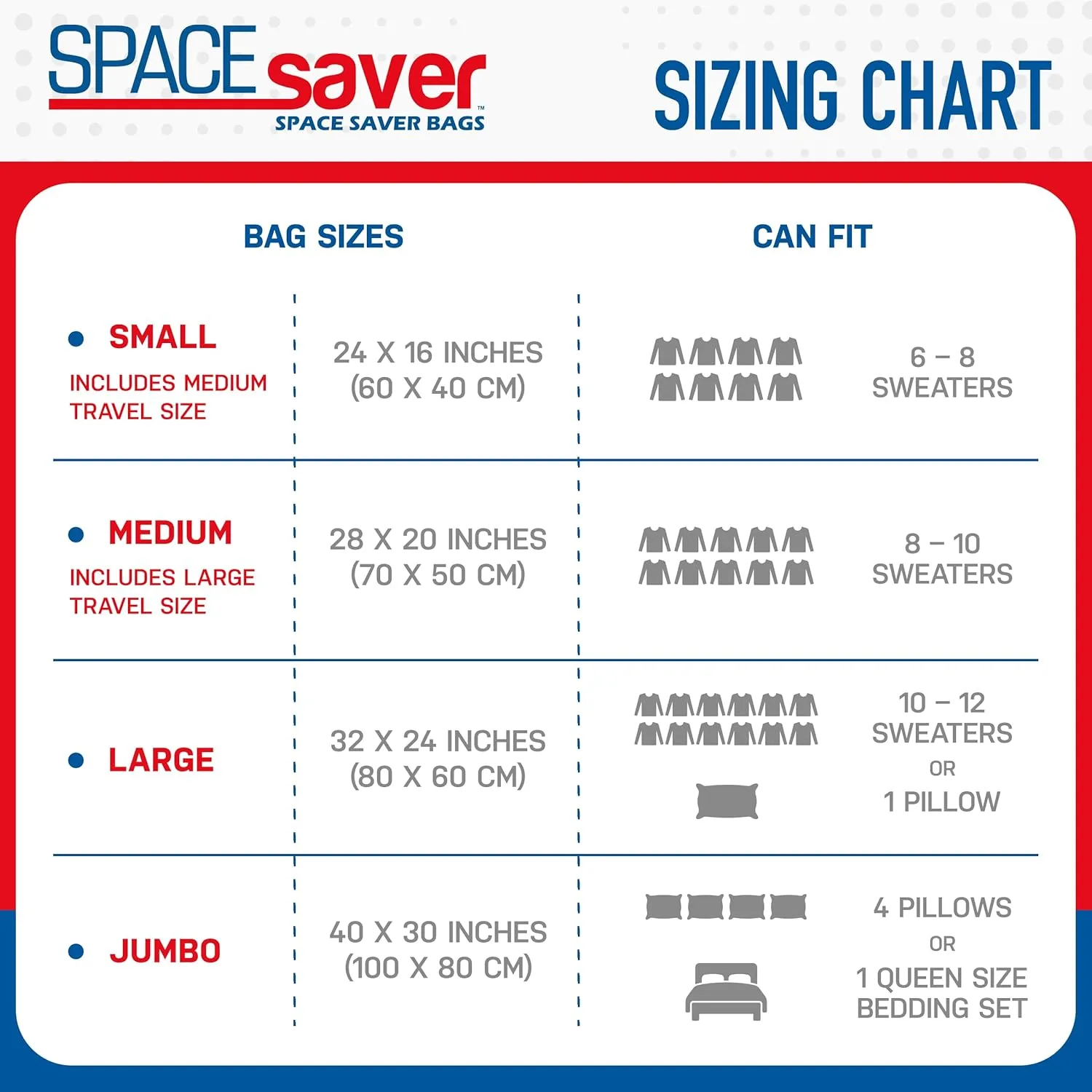 Spacesaver 12-Pack Vacuum Storage Bags for Travel and Home - Save 80% Space - Compression Vacuum Sealer Bags for Clothing, Comforters, and Bedding - With Hand Pump, 3 Each Small, Medium, Large, Jumbo