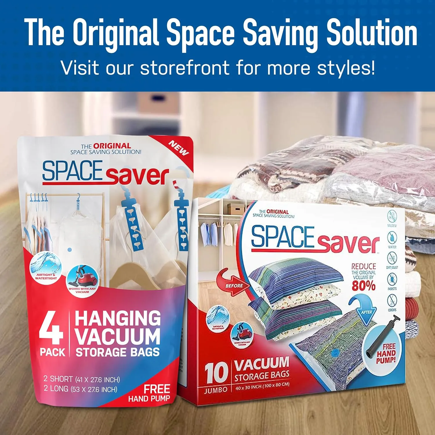 Spacesaver 12-Pack Vacuum Storage Bags for Travel and Home - Save 80% Space - Compression Vacuum Sealer Bags for Clothing, Comforters, and Bedding - With Hand Pump, 3 Each Small, Medium, Large, Jumbo