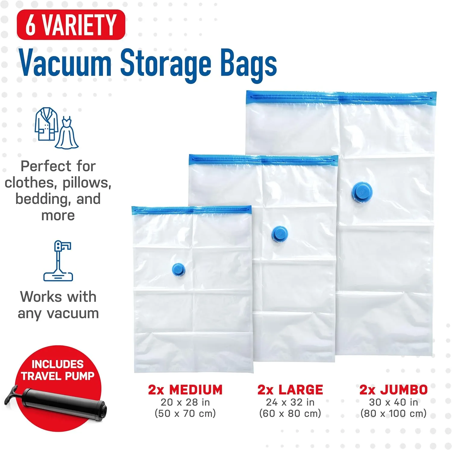 Spacesaver 12-Pack Vacuum Storage Bags for Travel and Home - Save 80% Space - Compression Vacuum Sealer Bags for Clothing, Comforters, and Bedding - With Hand Pump, 3 Each Small, Medium, Large, Jumbo