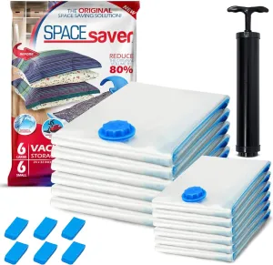 Spacesaver Vacuum Bags for Travel - 6 Small & 6 Large Space Saver Vacuum Storage Bags - Airtight Double-Zip Seal - Plastic - Fits 4 Pillows or 1 Queen Bedding Set per Bag - Clear - Hand Pump Included