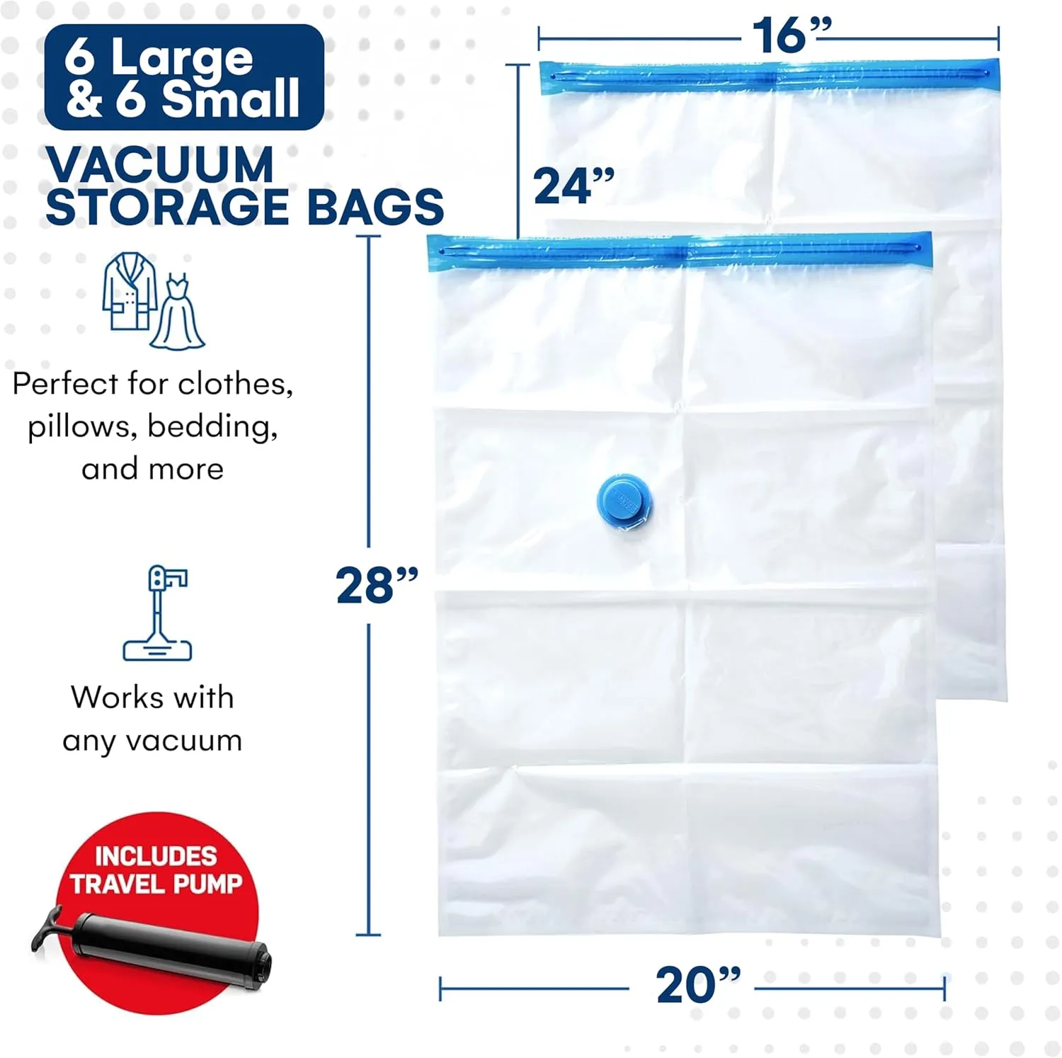 Spacesaver Vacuum Bags for Travel - 6 Small & 6 Large Space Saver Vacuum Storage Bags - Airtight Double-Zip Seal - Plastic - Fits 4 Pillows or 1 Queen Bedding Set per Bag - Clear - Hand Pump Included
