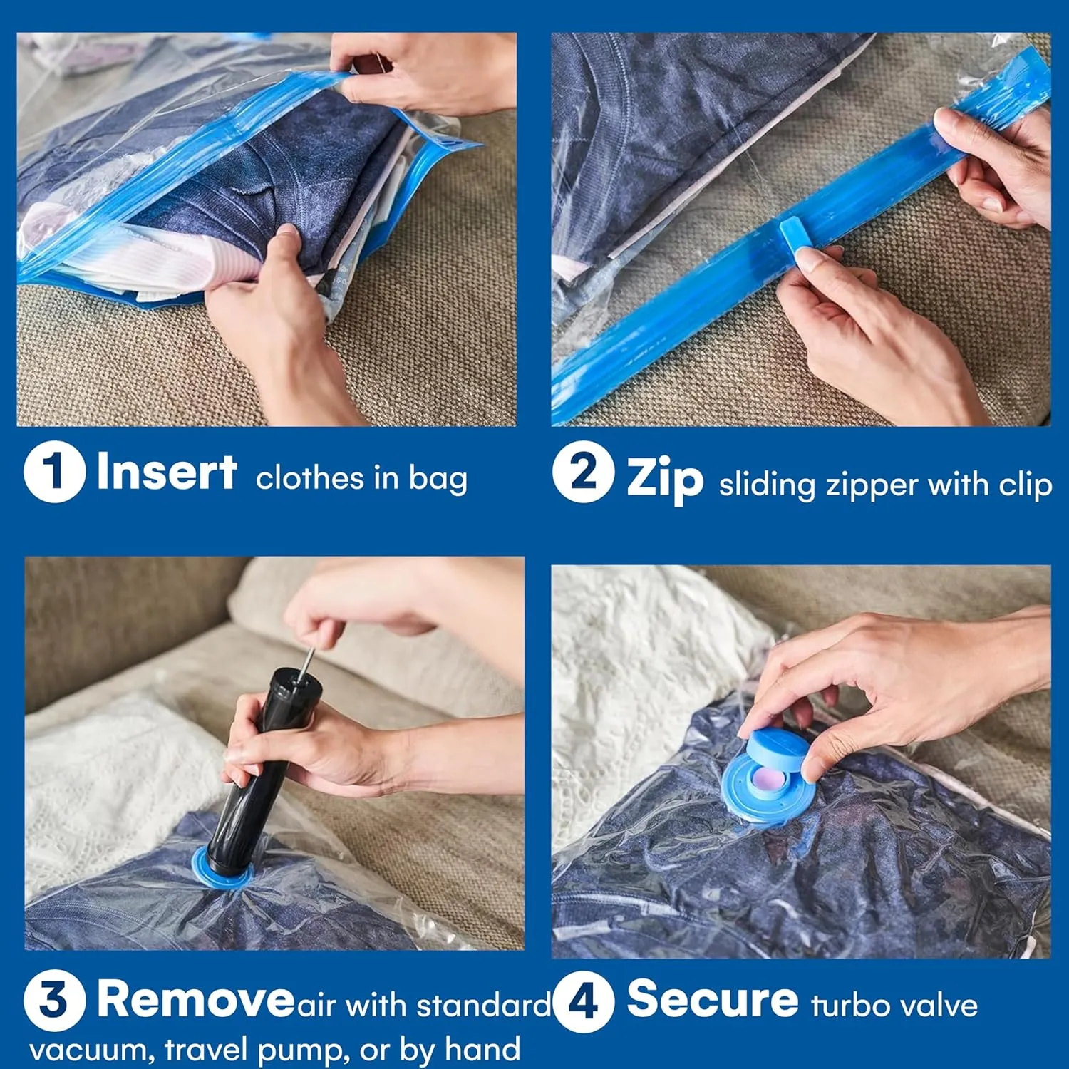 Spacesaver Vacuum Bags for Travel - 6 Small & 6 Large Space Saver Vacuum Storage Bags - Airtight Double-Zip Seal - Plastic - Fits 4 Pillows or 1 Queen Bedding Set per Bag - Clear - Hand Pump Included