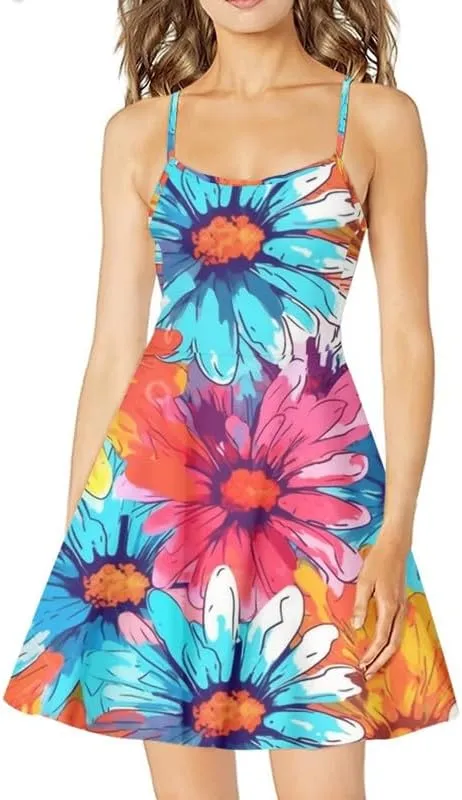 Spaghetti Strap Midi Satin Dresses Summer Sleeveless Sundree Women Girl Beach Party Swing Dress