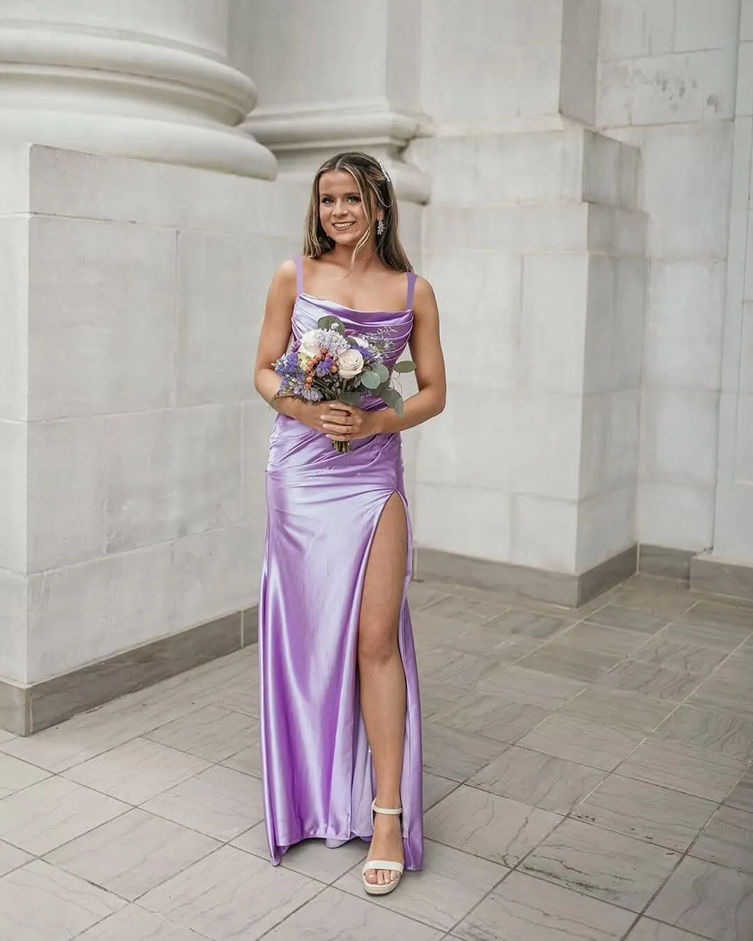 Spaghetti Strap Satin Prom Dress 2025 Mermaid Bridesmaid Dresses Long for Women Ruched Formal Evening Gowns with Slit