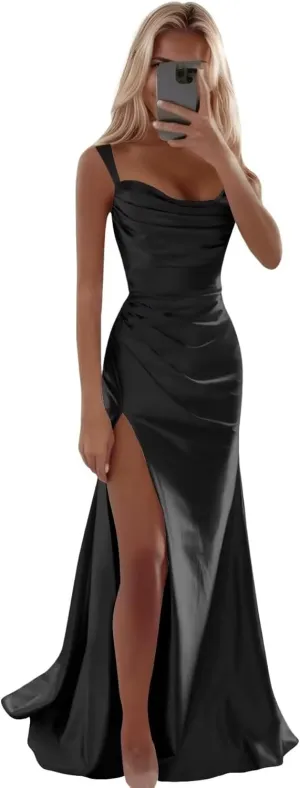 Spaghetti Strap Satin Prom Dress 2025 Mermaid Bridesmaid Dresses Long for Women Ruched Formal Evening Gowns with Slit