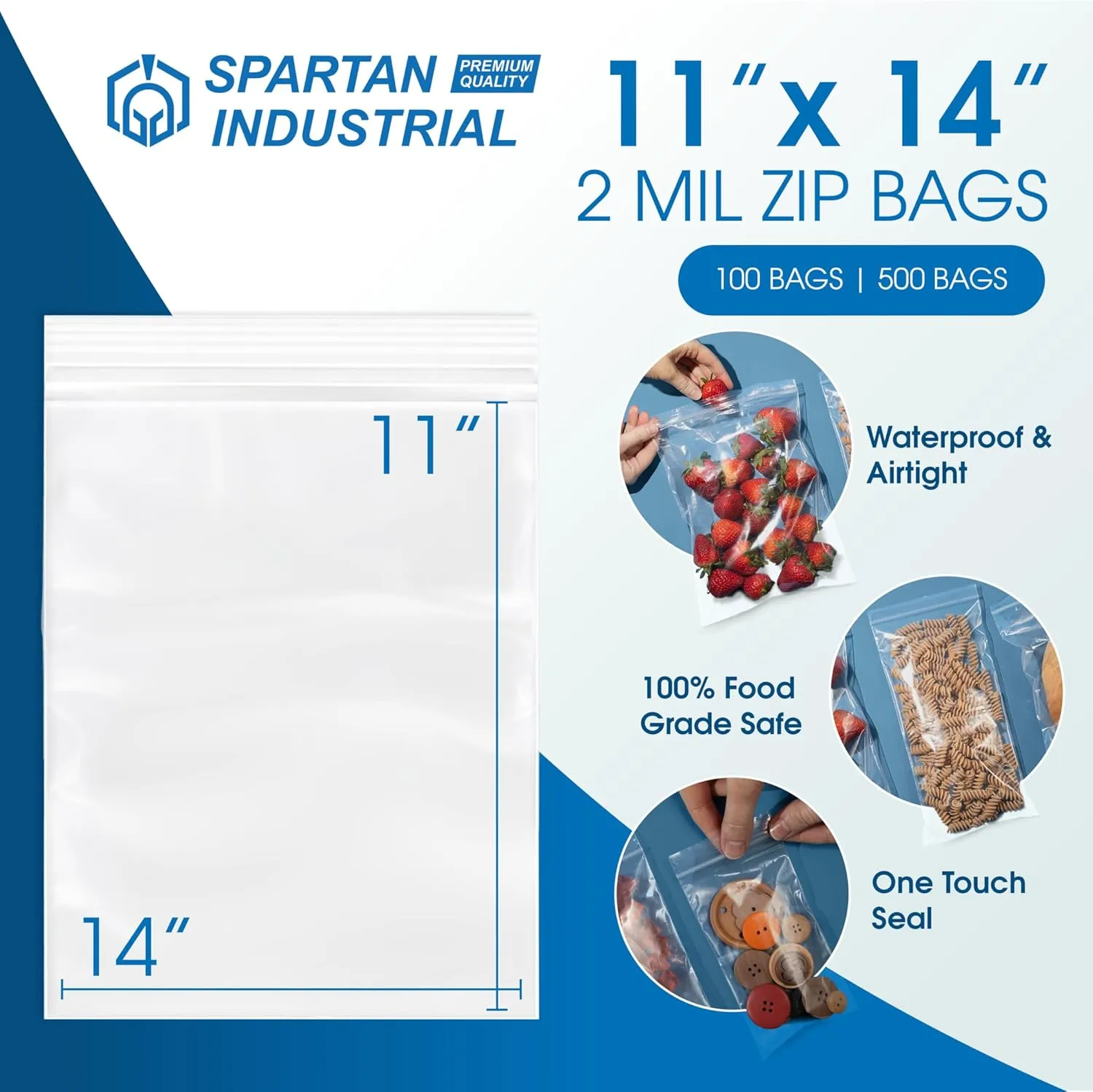 Spartan Industrial - 11” X 14” (100 Count) 2 Mil Clear Reclosable Zip Plastic Poly Bags with Resealable Lock Seal Zipper