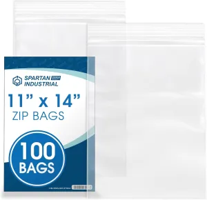 Spartan Industrial - 11” X 14” (100 Count) 2 Mil Clear Reclosable Zip Plastic Poly Bags with Resealable Lock Seal Zipper