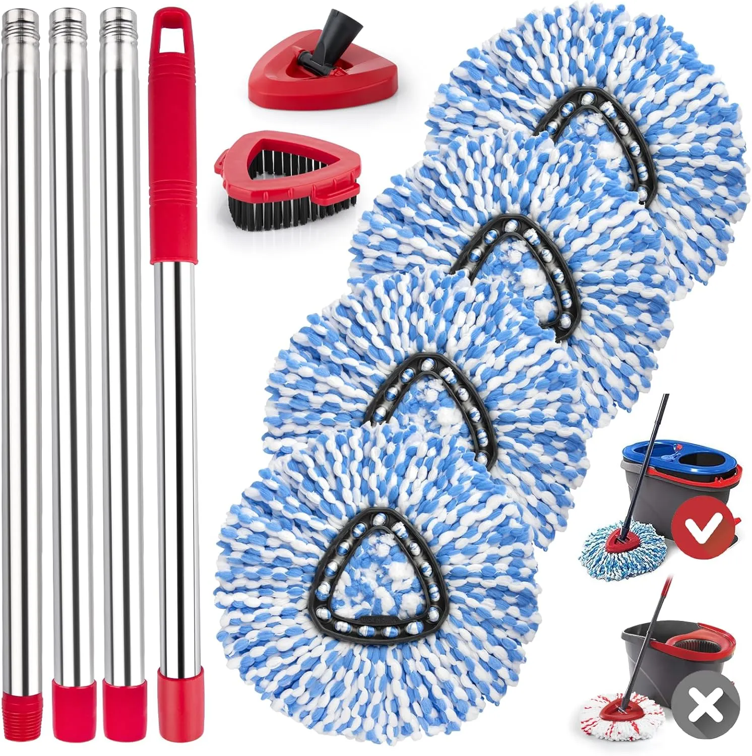 Spin Mop Replacement Head for O Cedar 2 Tank RinseClean, 4 Microfiber Heads, 1 Scrub Brush, 1 Handle, 1 Base,Spin Microfiber Refill with 30" to 58" Mop Replacement Handle