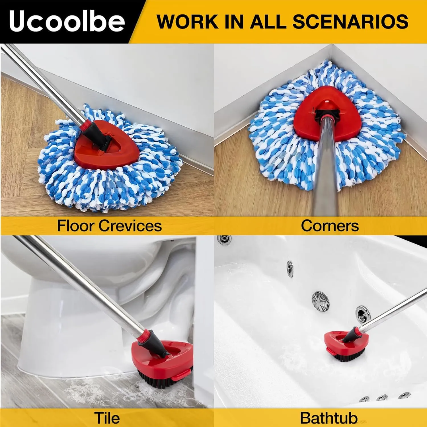 Spin Mop Replacement Head for O Cedar 2 Tank RinseClean, 4 Microfiber Heads, 1 Scrub Brush, 1 Handle, 1 Base,Spin Microfiber Refill with 30" to 58" Mop Replacement Handle