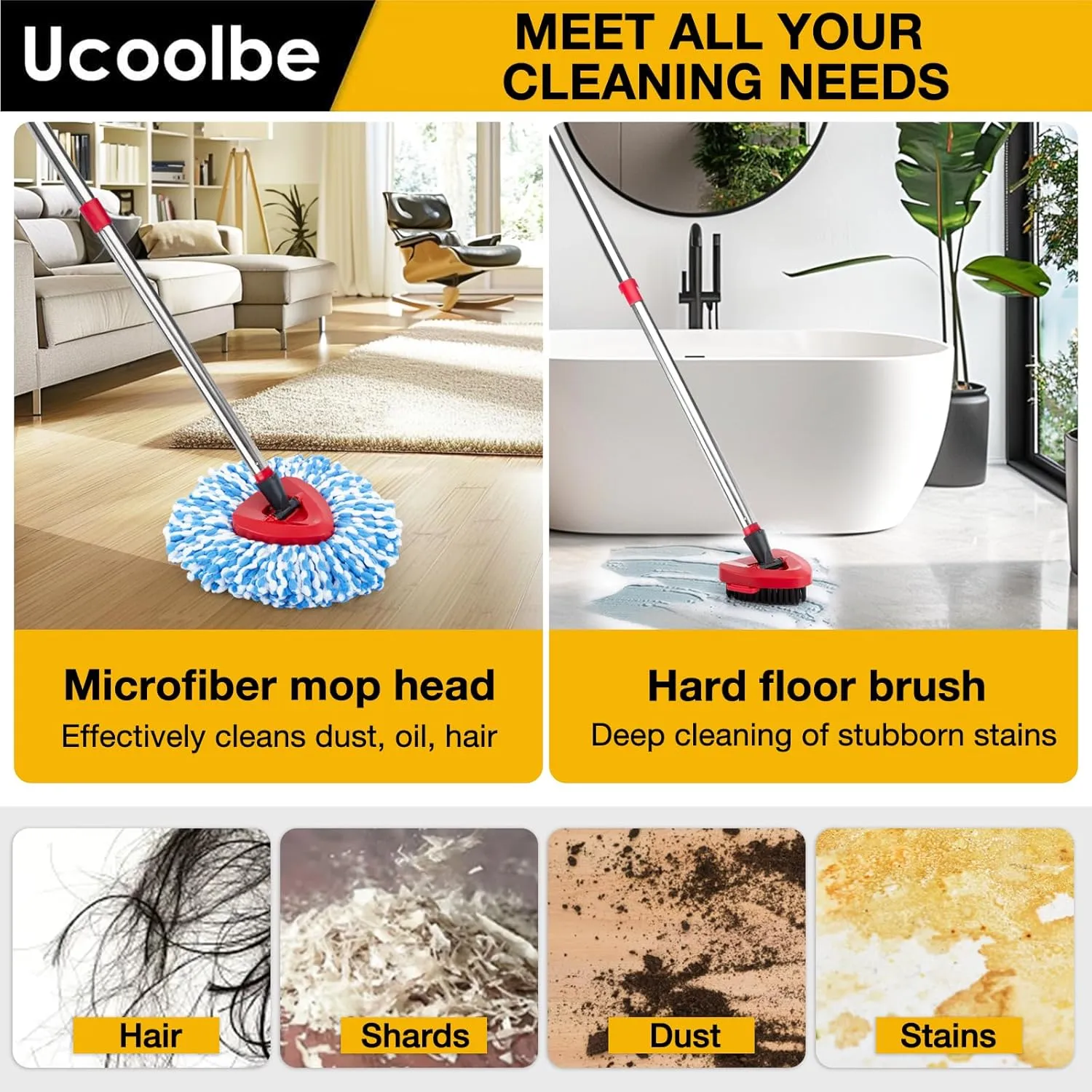 Spin Mop Replacement Head for O Cedar 2 Tank RinseClean, 4 Microfiber Heads, 1 Scrub Brush, 1 Handle, 1 Base,Spin Microfiber Refill with 30" to 58" Mop Replacement Handle