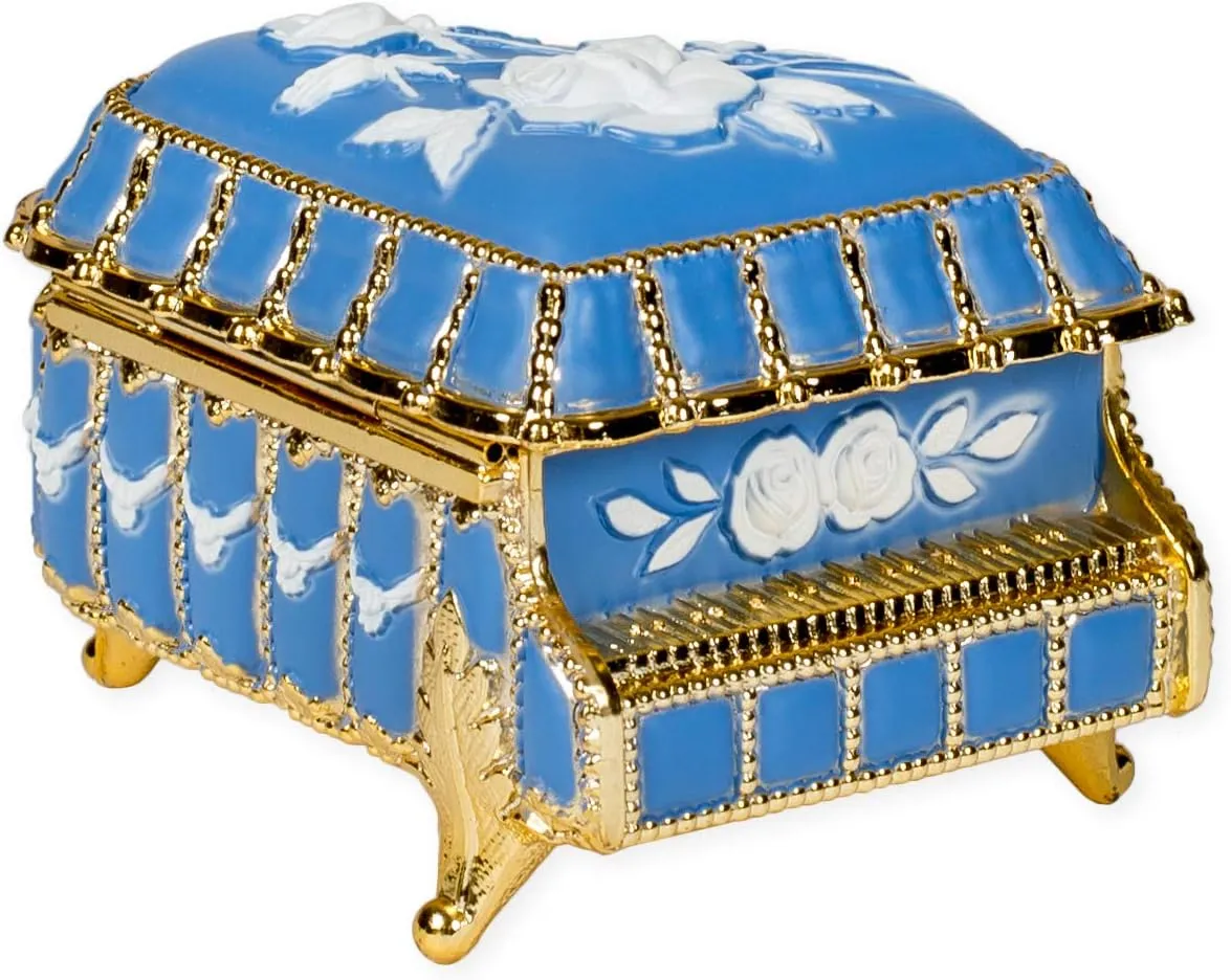 Splendid Music Box/Jewelry Box Blue Floral Wedgewood Style Piano Shape Playing Fur Elise