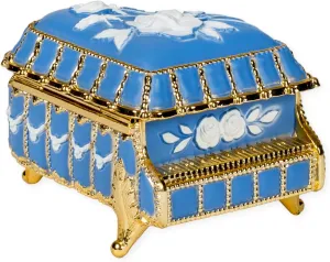 Splendid Music Box/Jewelry Box Blue Floral Wedgewood Style Piano Shape Playing Fur Elise