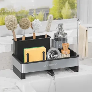 Sponge Holder for Kitchen Sink, 304 Stainless Steel Sink Caddy with Auto Drain Tray, Kitchen Sink Organizer with Towel Brush Holder for Countertop, Soap Dispenser Storage Accessories