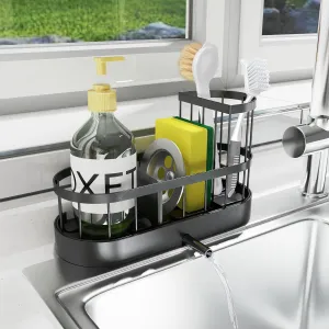 Sponge Holder for Kitchen Sink, Stainless Stee Sink Caddy with High Brush Holder, Self-Draining Sponge Caddy, Soap Dispenser Storage, Kitchen Accessories for Organization (Black, L)