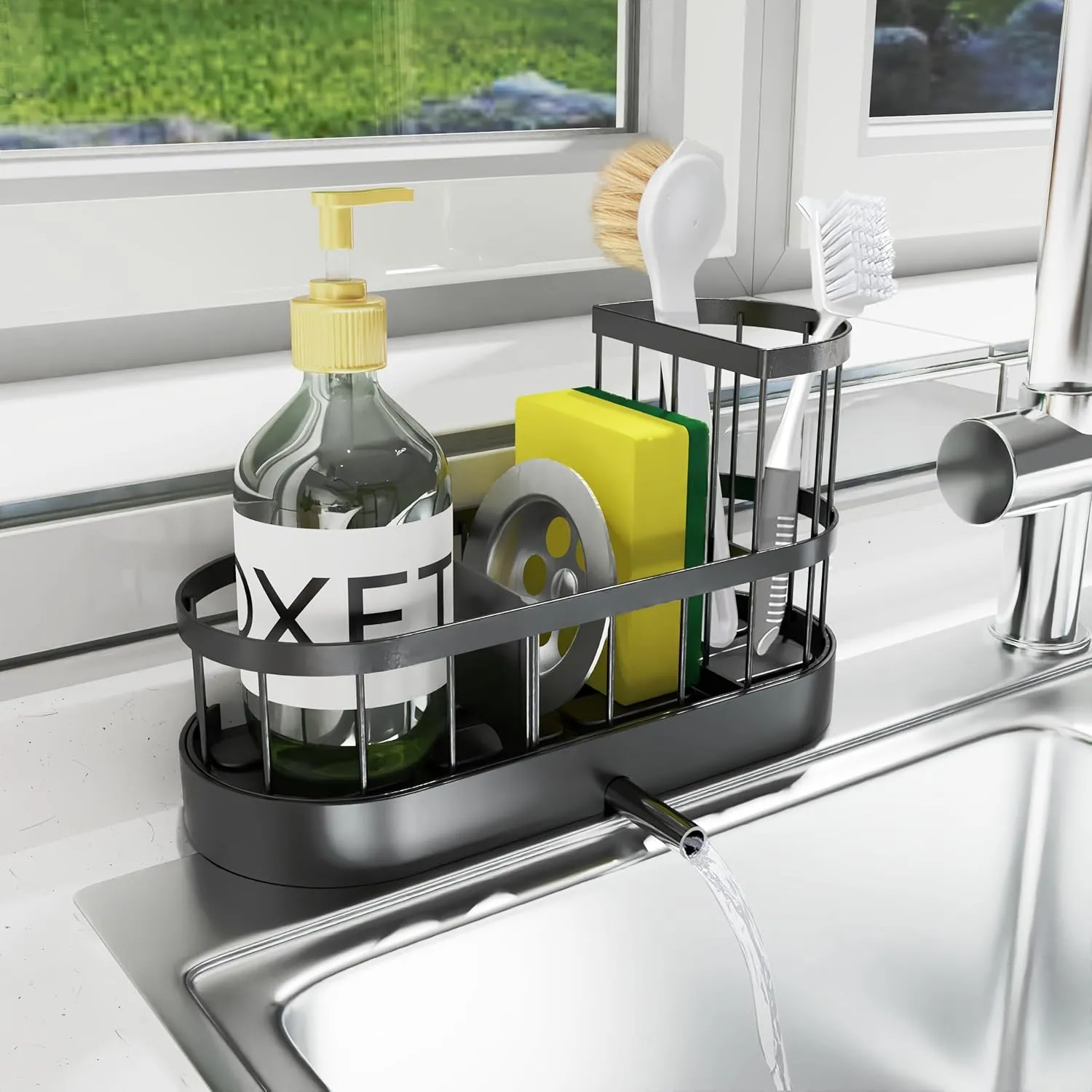 Sponge Holder for Kitchen Sink, Stainless Stee Sink Caddy with High Brush Holder, Self-Draining Sponge Caddy, Soap Dispenser Storage, Kitchen Accessories for Organization (Black, L)