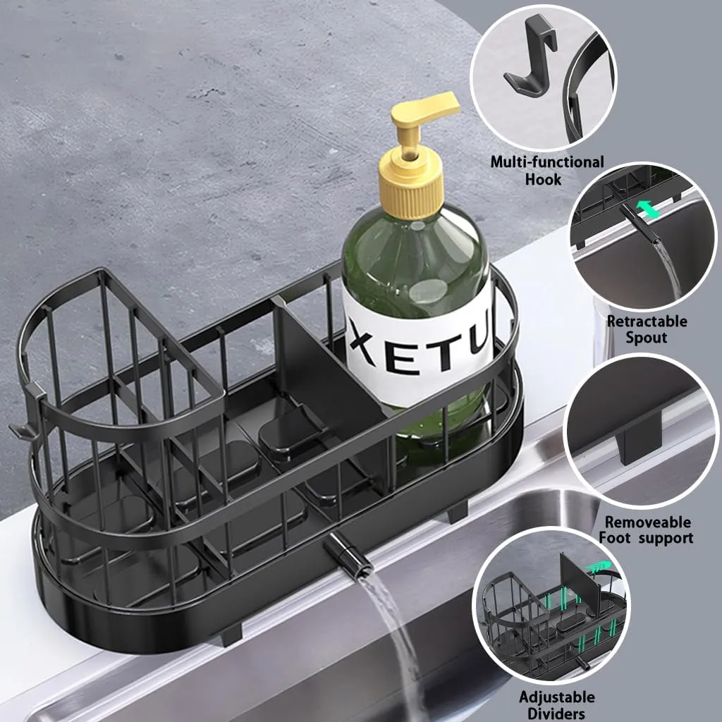 Sponge Holder for Kitchen Sink, Stainless Stee Sink Caddy with High Brush Holder, Self-Draining Sponge Caddy, Soap Dispenser Storage, Kitchen Accessories for Organization (Black, L)