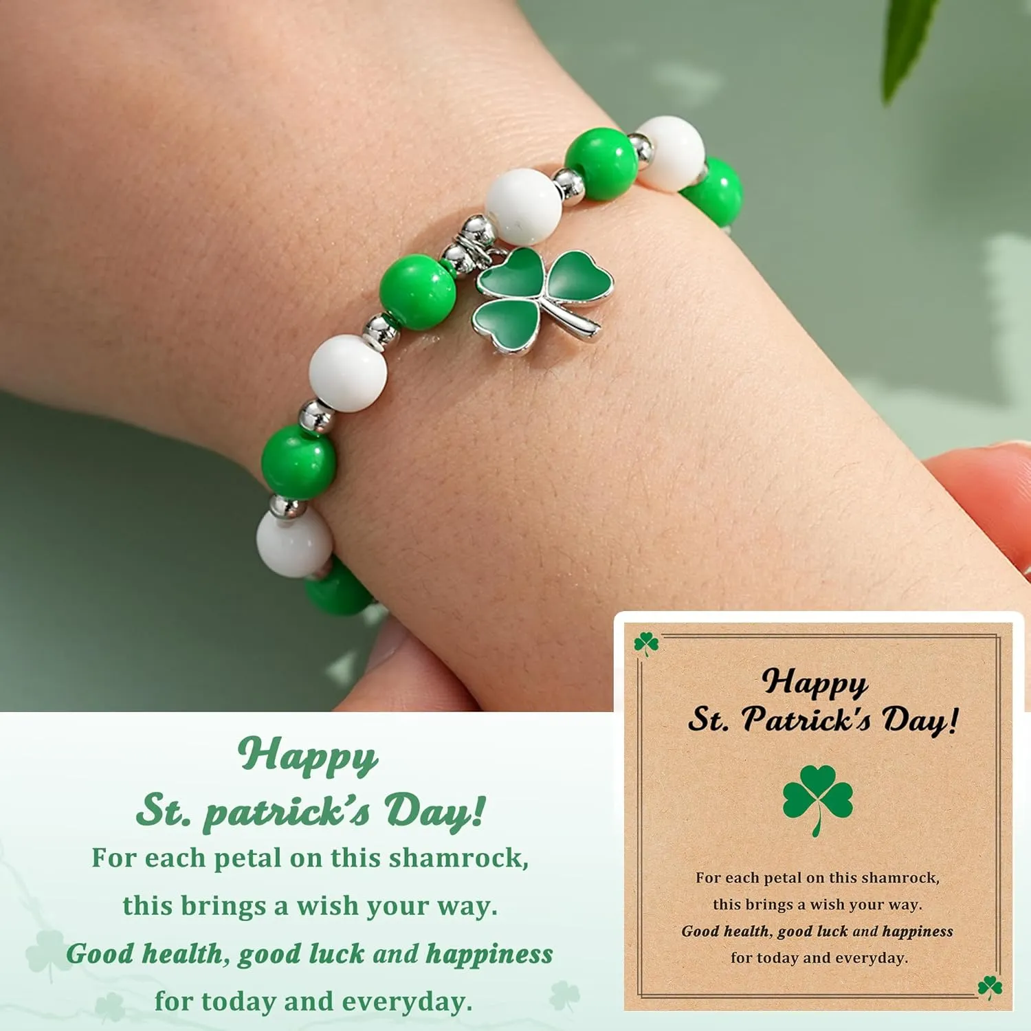 St. Patrick's Bracelet Gift Set - 7 Inch Irish Beaded Jewelry with Card, March 17 Parade Accessories for Women & Teen Girls