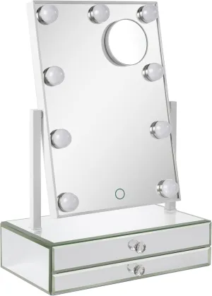 Star Vision 2-in-1 Large Lighted Hollywood Mirror & Glass Jewelry Organizer, 3 Color Tones & Dimmable Light, 2-Layer Drawers, Luxury Crystal Diamond Effect Surface, Includes a 10X Magnification Mirror