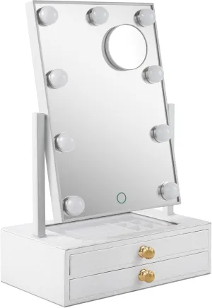 Star Vision 2-in-1 Large Lighted Hollywood Mirror & Jewelry Organizer, 3 Color Tones & Dimmable Light, 2-Layer Drawers, PU Surface with Stitching, Includes a 10X Magnification Mirror, White