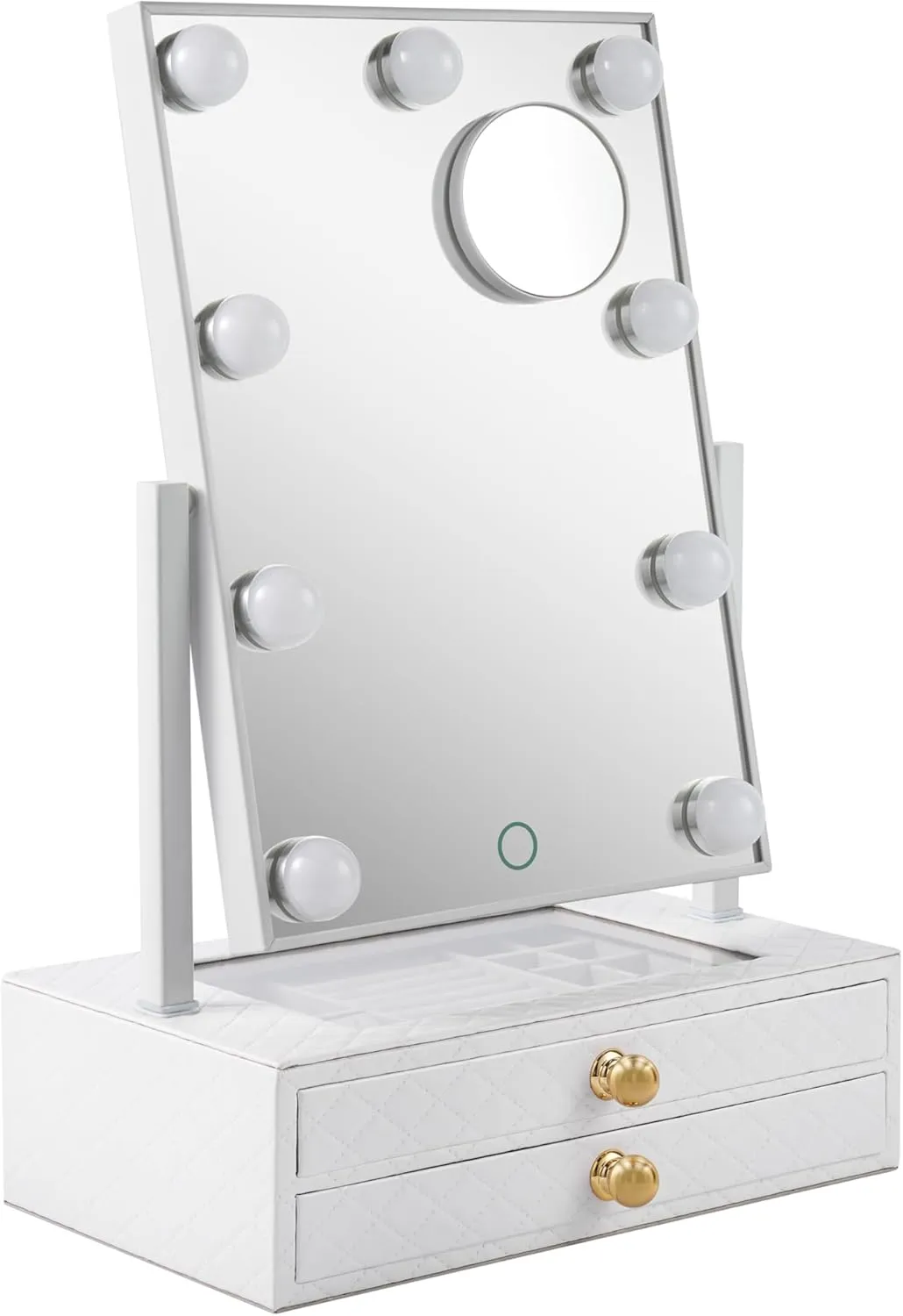 Star Vision 2-in-1 Large Lighted Hollywood Mirror & Jewelry Organizer, 3 Color Tones & Dimmable Light, 2-Layer Drawers, PU Surface with Stitching, Includes a 10X Magnification Mirror, White