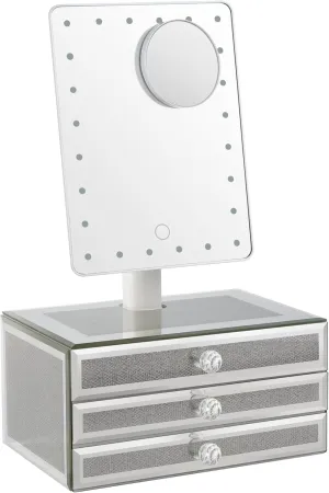 Star Vision 2-in-1 Lighted Makeup Mirror with Glass Jewelry Organizer, Dimmable 6,000K Cool White Light, 3-Layer Drawers, Luxury Crystal Diamond Effect Surface, Includes a 10X Magnification Mirror