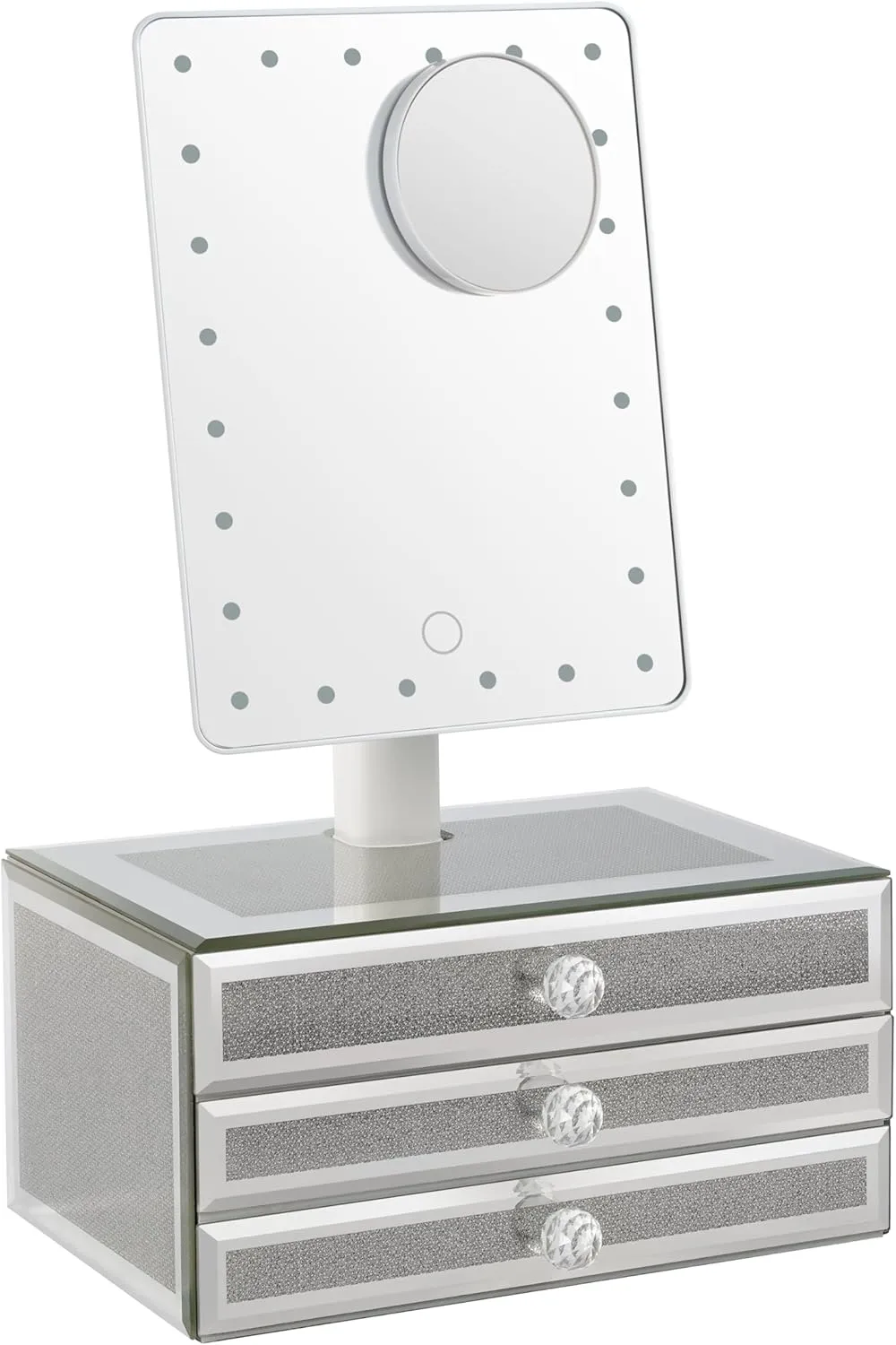 Star Vision 2-in-1 Lighted Makeup Mirror with Glass Jewelry Organizer, Dimmable 6,000K Cool White Light, 3-Layer Drawers, Luxury Crystal Diamond Effect Surface, Includes a 10X Magnification Mirror