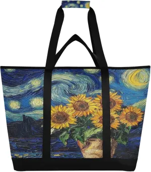 Starry Sunflowers Reusable Insulated Lunchbox Cooler Bag, Leakproof Kitchen Grocery Bag Collapsible Portable Cooler Tote Bag for Picnic, Camping, Office, Travel