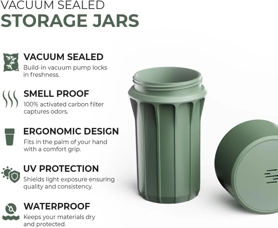Staze Preserve Vacuum Sealed Storage Jars (148ml) | Patented Smell Proof Containers | Herb Storage & Food Storage Container with UltraViolet Protection -(MARSH)