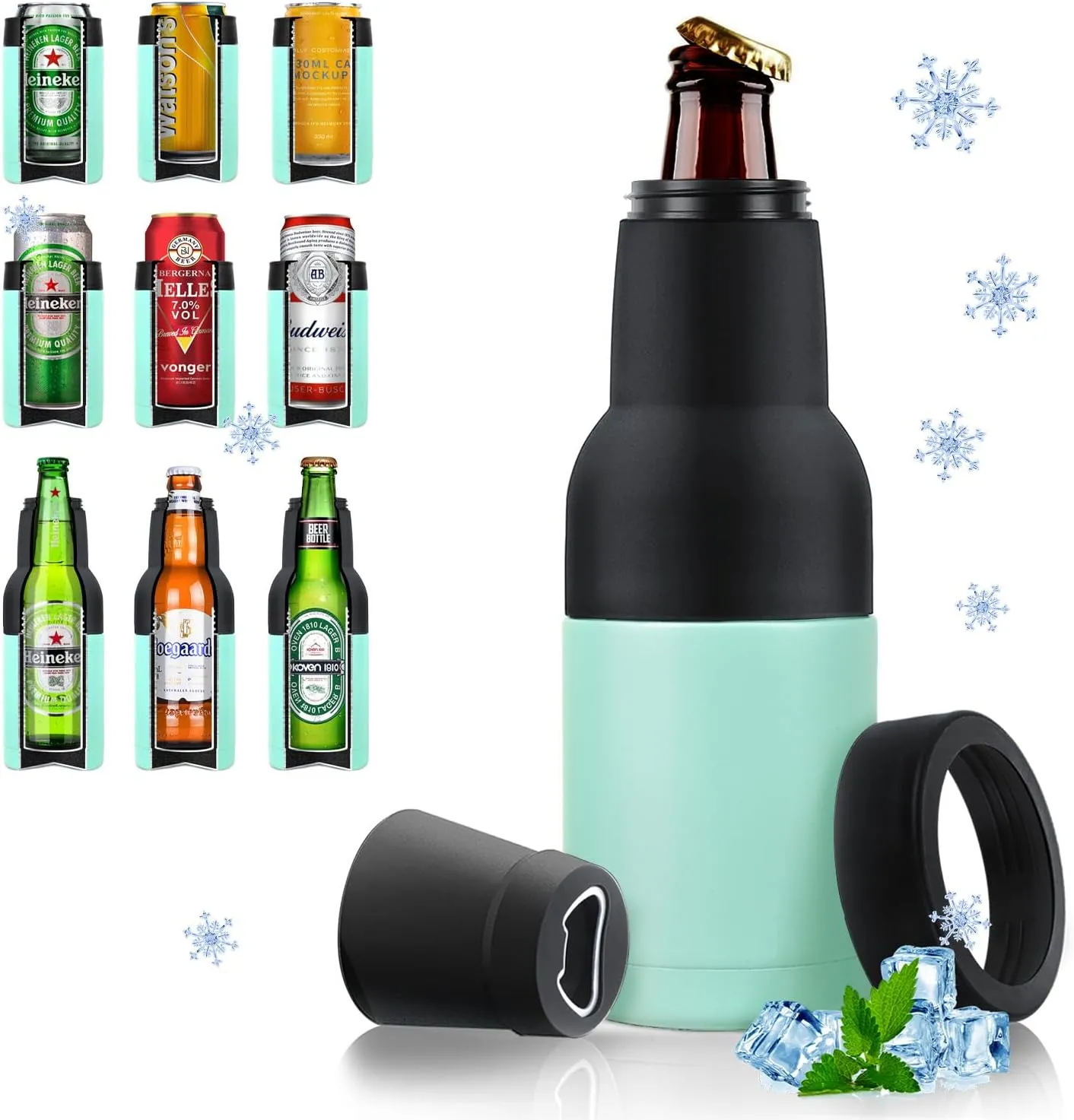 Stepstall 12 oz. Can Cooler Insulator Beer Bottle Holder w/Beer Opener, 4-in-1 Design Slim Can Beer Bottle Cooler, Double Walled Stainless Steel Insulated, Beer Gifts for Men Boys Father(Mint Green)