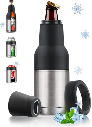 Stepstall Beer Bottle and Can Cooler with Beer Opener, 12 oz. Slim Can Beer Bottle Insulators Holder, Vacuum Insulated Double Walled Stainless Steel, Silver