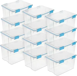 Sterilite 12-Pack Gasket Box, Weather-Resistant Storage Bins with Latching Lids, 54 Quart - Heavy-Duty Organizing Containers for Closet, Bathroom, and Office