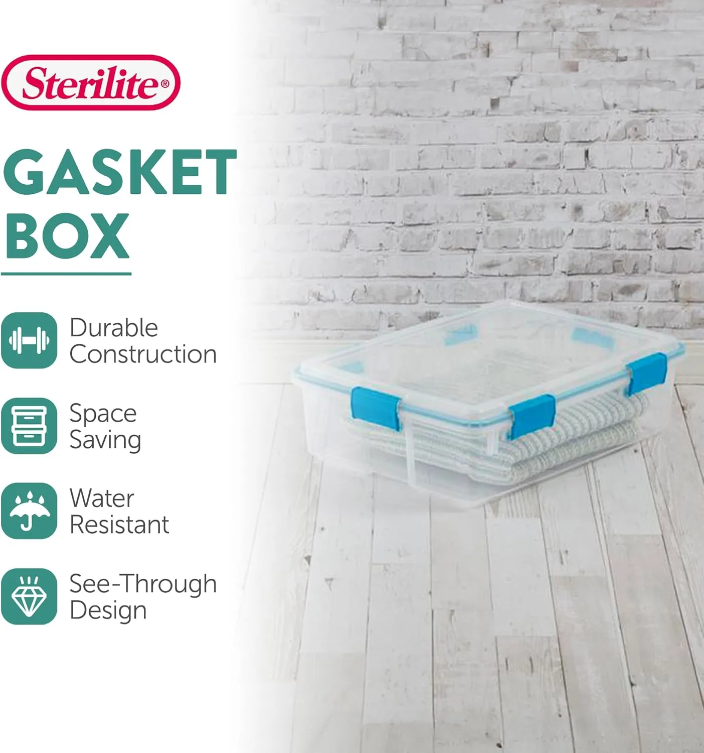 Sterilite 4-Pack Gasket Box, Weather-Resistant Storage Bins with Latching Lids, 37 Quart - Heavy-Duty Organizing Containers for Closet, Bathroom, and Office