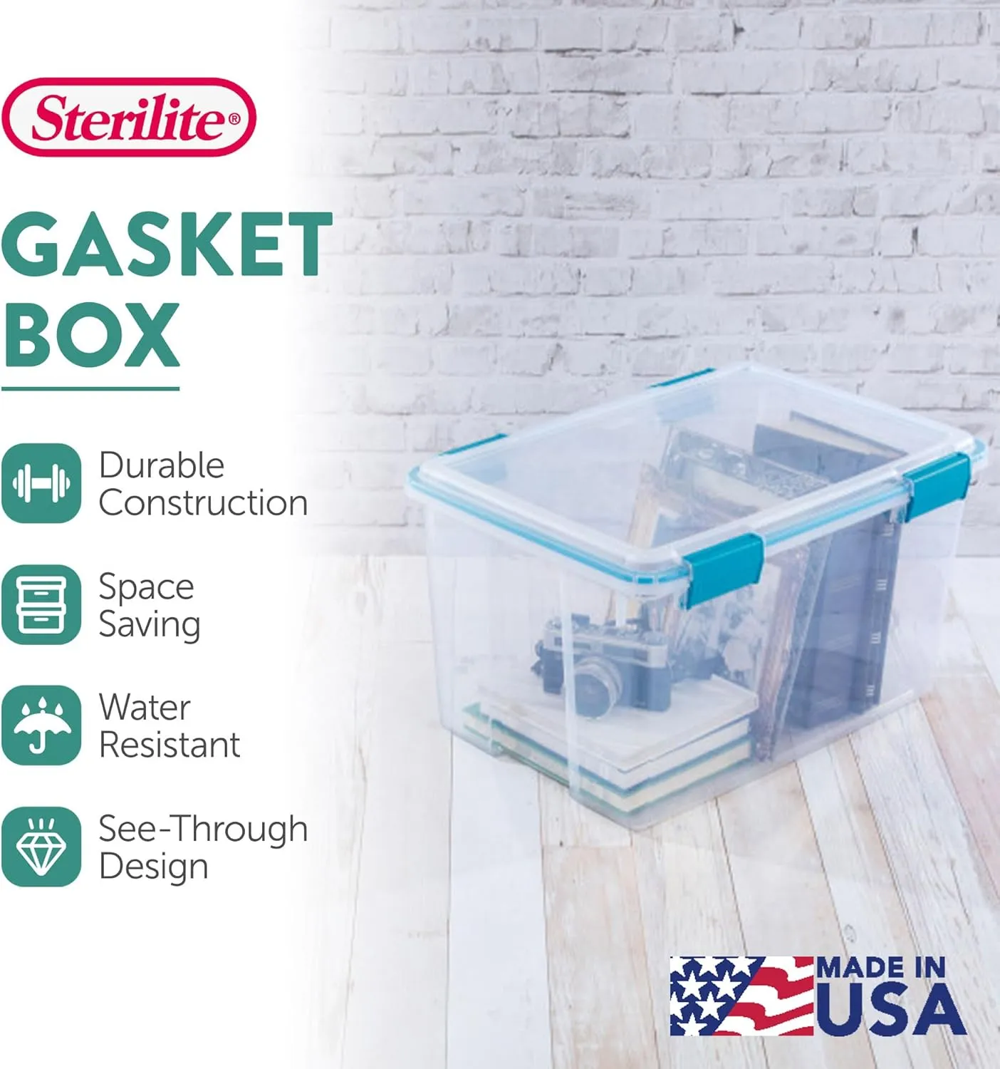 Sterilite 4-Pack Gasket Box, Weather-Resistant Storage Bins with Latching Lids, 54 Quart - Heavy-Duty Organizing Containers for Closet, Bathroom, and Office