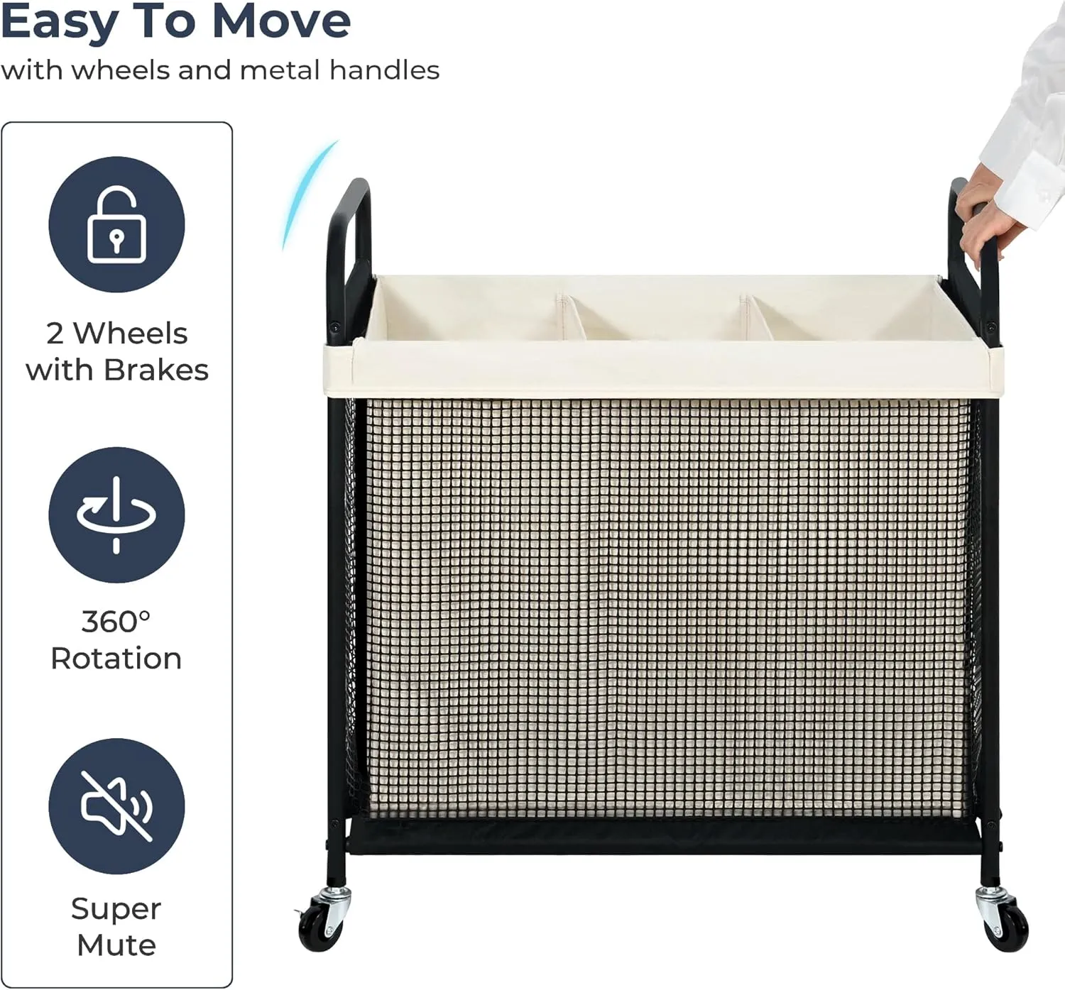 STO STO Laundry Hamper 3 Section, 120L Rolling Laundry Sorter Cart with Removable and Washable Liner Bag, Rolling Clothes Hamper with Metal Handle for Laundry Room and Bedroom