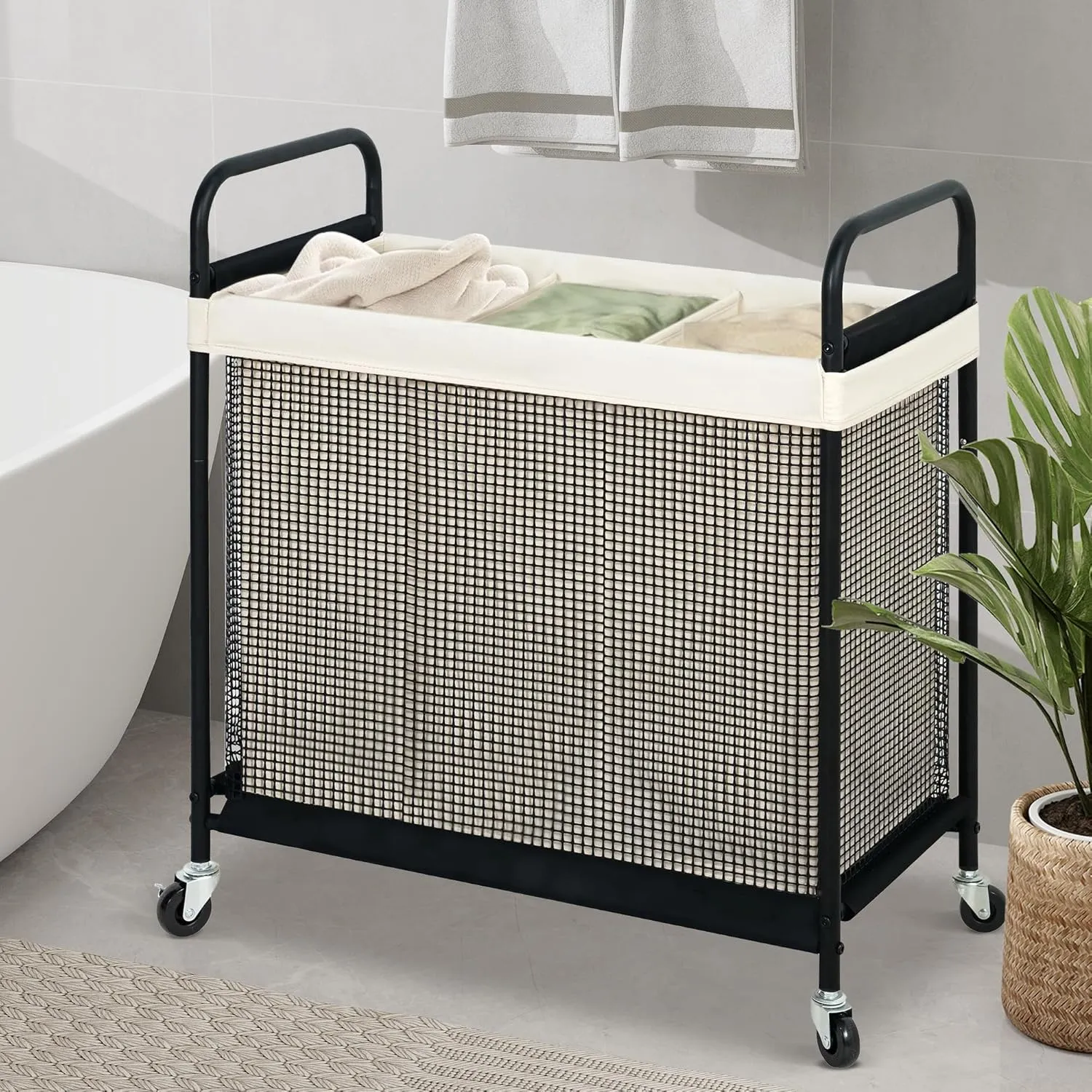 STO STO Laundry Hamper 3 Section, 120L Rolling Laundry Sorter Cart with Removable and Washable Liner Bag, Rolling Clothes Hamper with Metal Handle for Laundry Room and Bedroom